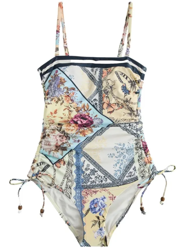 Next Dames - Vormgevend, buikcorrigerend bandeaubadpak met ruches op de pijpen - Geel Cream/Yellow Vintage Floral