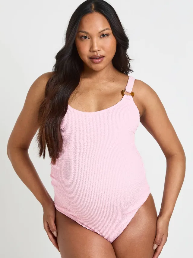 boohoo Dames Zwangerschaps Badpak Met Crinkle Structuur, Ronde Hals En Decoratief Detail Baby Roze