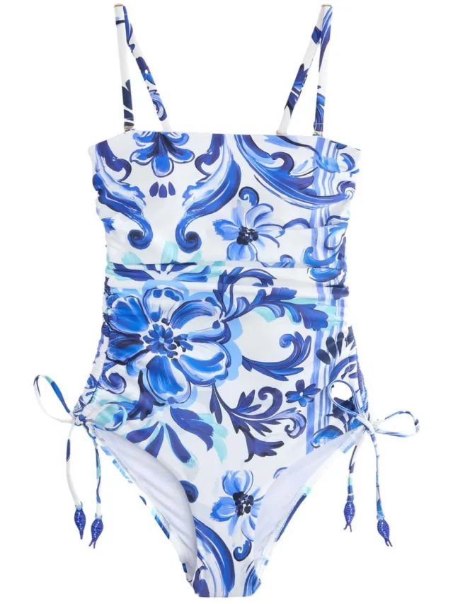 Next Dames - Vormgevend, buikcorrigerend bandeaubadpak met ruches op de pijpen - Blauw Blue/White Floral