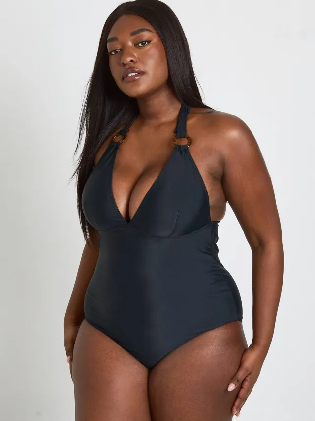 boohoo Dames Plus Badpak Met Diepe Halslijn En Sierdetail Zwart