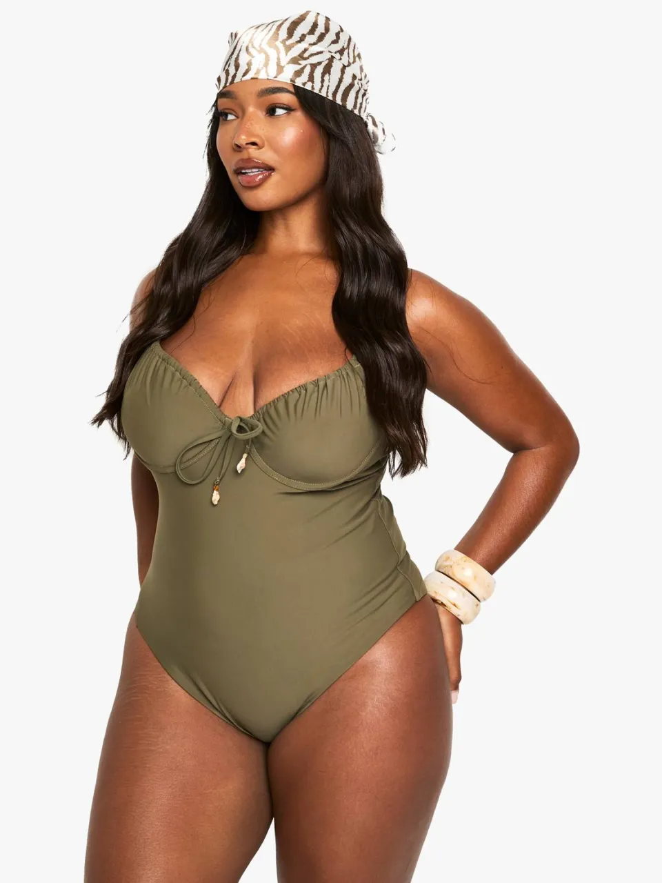 boohoo Dames Plus Shell Trim Gerimpte Cup Onderbeugel Badpak kaki, foto 3