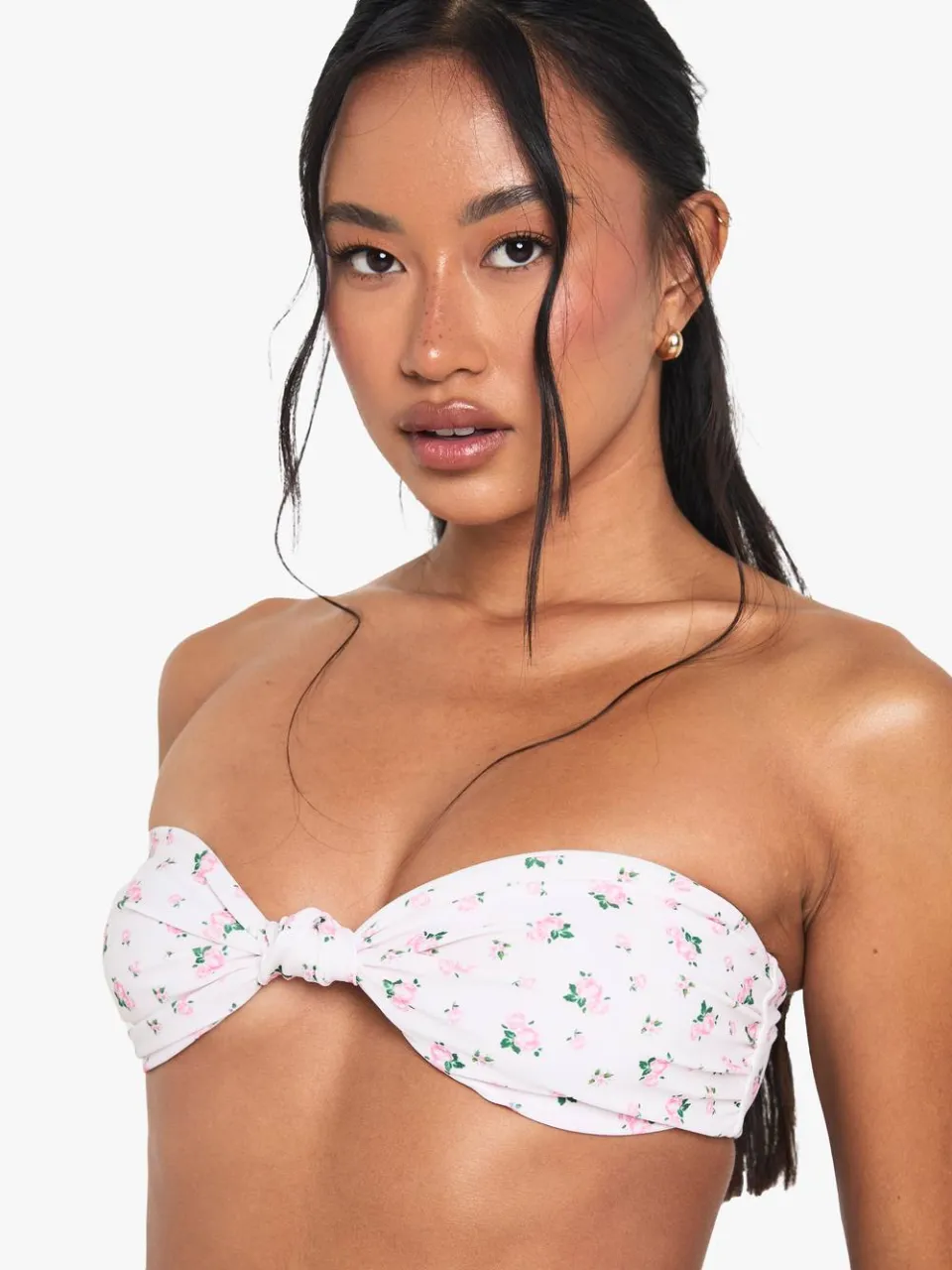 boohoo Dames Swimwear Essentials Ditsy Floral Knot Bandeau Bikini Top roze, foto 4
