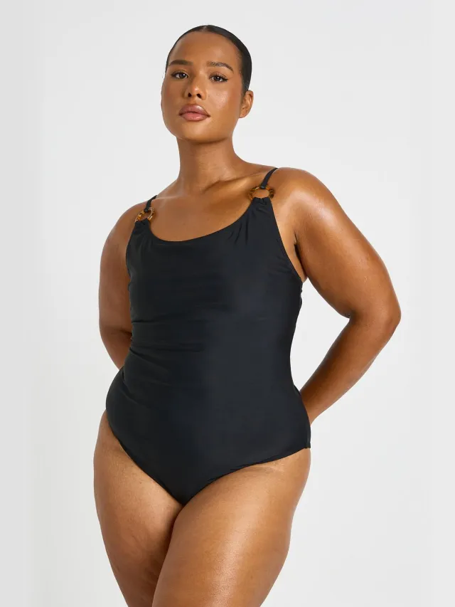 boohoo Dames Plus Badpak Met Trim Detail En Ronde Hals Zwart