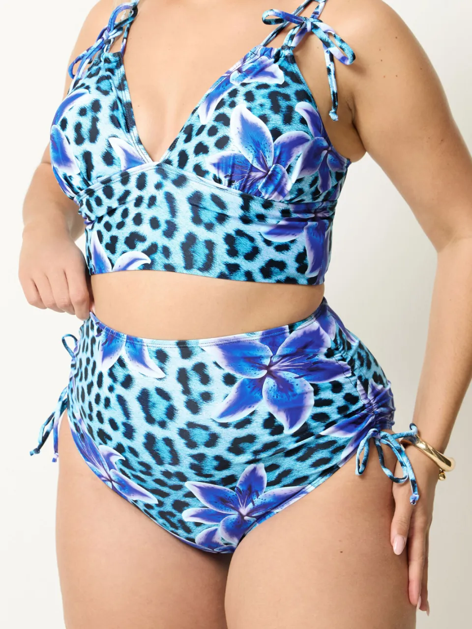 Yours Blauwe Bikinitop Met Dierenprint En Striksluiting, foto 3