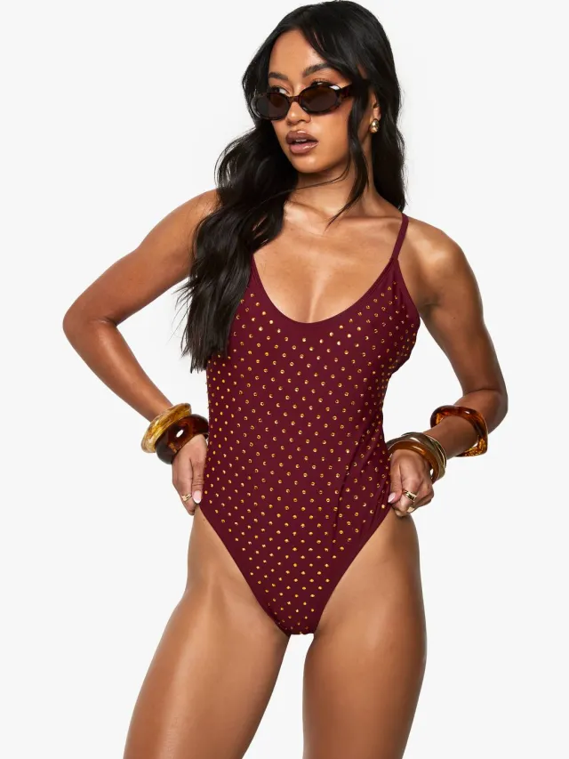 boohoo Dames Premium Swim Hot Fix Diamante Rugloos Badpak Bordeaux Rood