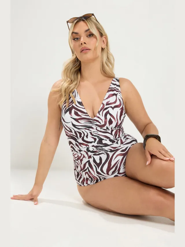 Yours Ivoorwit Badpak Met Zebraprint, Ruches En Diepe Vhals White