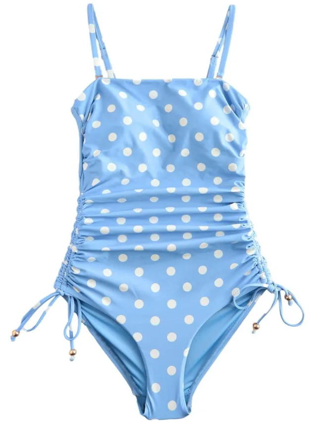 Next Dames - Vormgevend, buikcorrigerend bandeaubadpak met ruches op de pijpen - Blauw Blue/Brown Spot