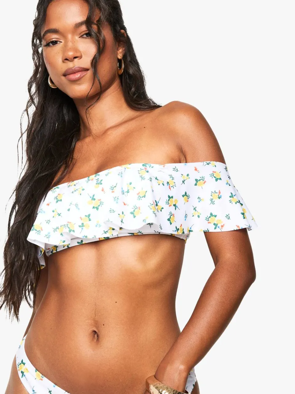 boohoo Dames Bloemige ruches Bardot bikini-top wit, foto 4