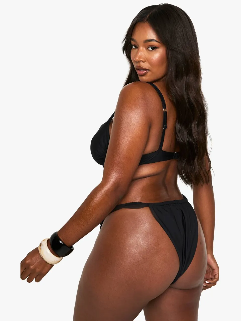 boohoo Dames Plus Shell Trim Ruched Tanga Bikini-ondergoed zwart, foto 2