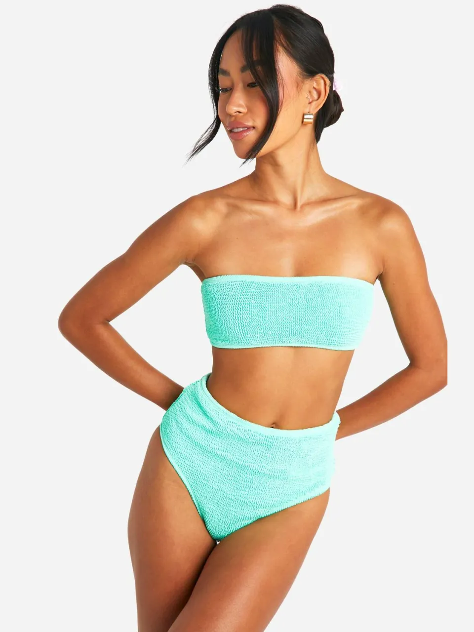 boohoo Dames Premium Crinkle Bikini Slip met Hoge Taille Munt