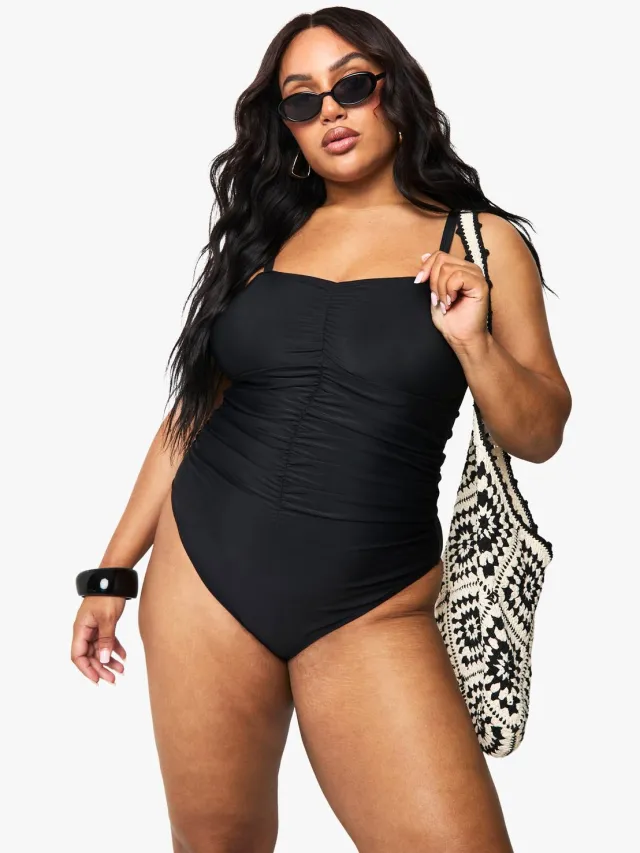 boohoo Dames Plus Badpak met Buikcontrole en Geraffineerde Voorzijde Zwart
