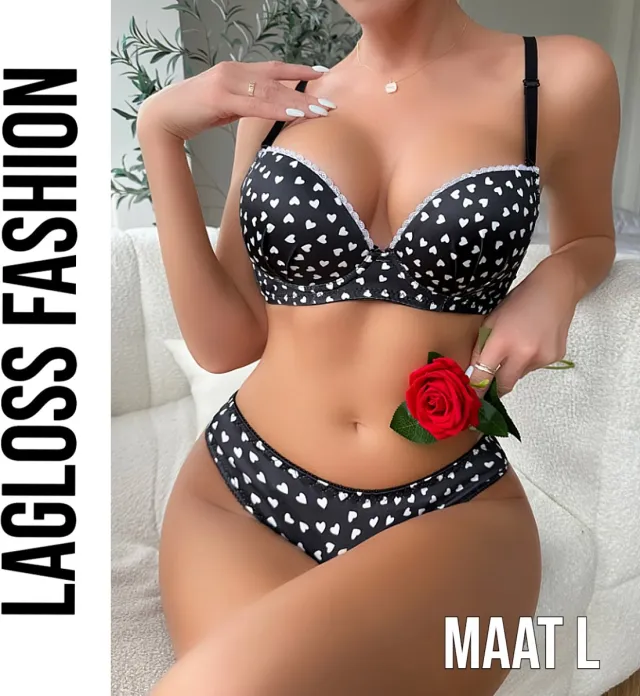 LaGloss Bikini Set Zwart met Witte Hartjes – 2-Delige Dames Bikini – Stijlvolle Badmode