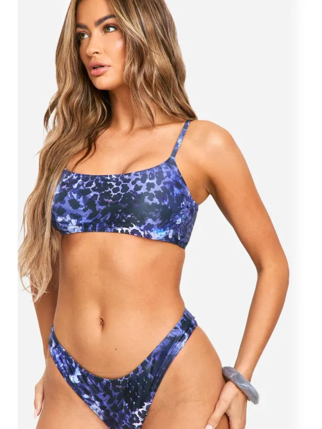 boohoo Dames Mix & Match Luipaard Crop Bikini Top Marineblauw