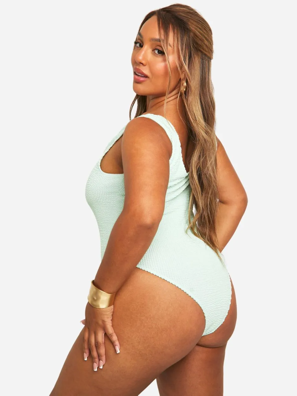 boohoo Dames Plus Crinkle Tummy Control Badpak munt, foto 3