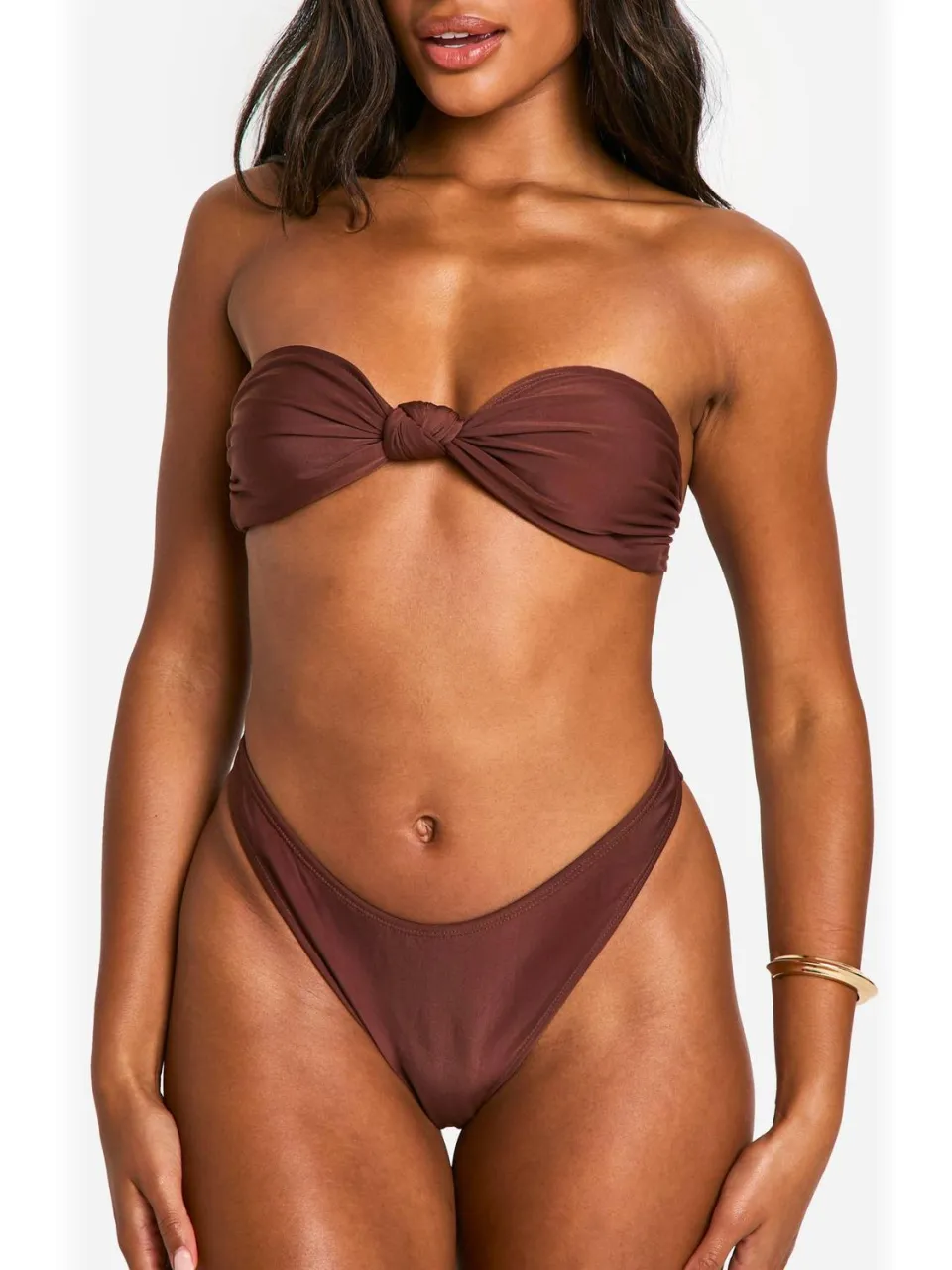 boohoo Dames Knotted Bandeau Bikini Top & High Leg Bottoms Set Chocoladebruin