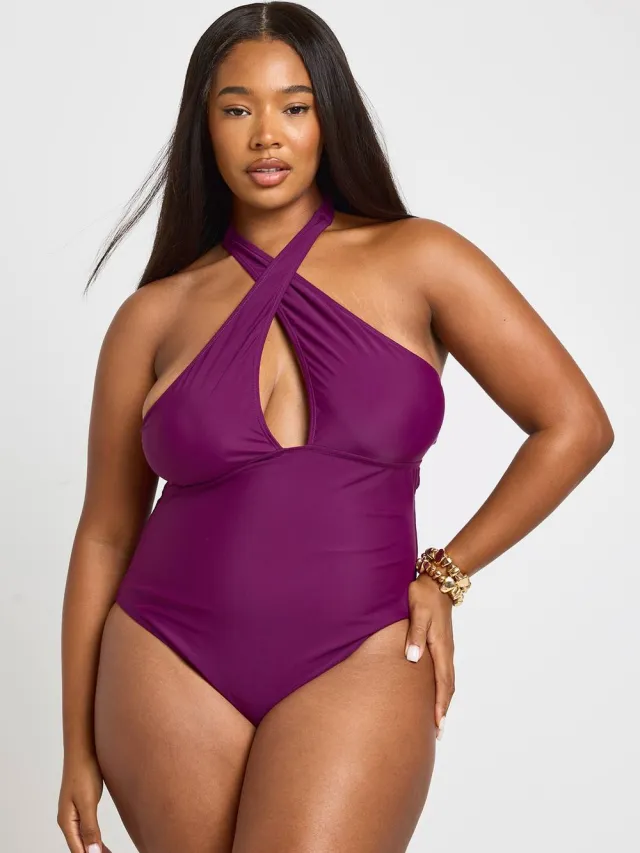 boohoo Dames Plus Halter Crossover Badpak Met Keyhole Detail Violet