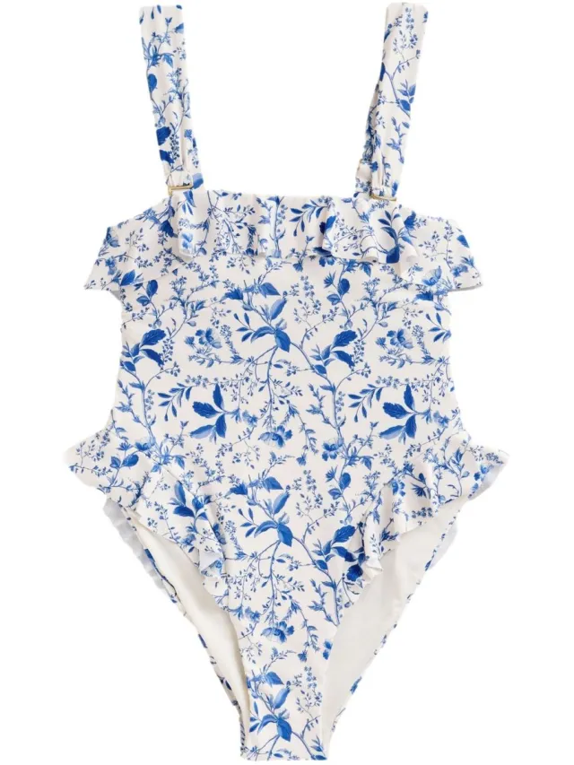 Next Dames - Buikcorrigerend bandeaubadpak met print en franje - Crème Cream/Blue Ditsy Floral