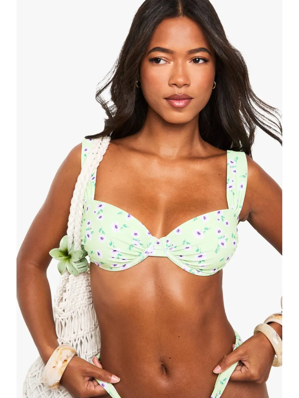 boohoo Dames Floral Underwired Balcony Bikini Top groente, foto 3