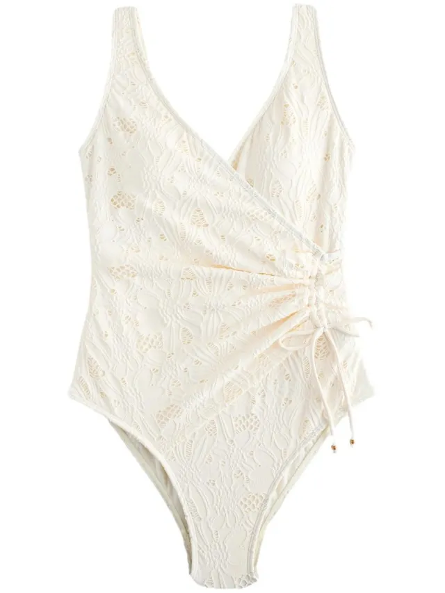 Next Dames - Vormgevend en buikcorrigerend badpak met gerimpelde zijkant - Tall - Crème Cream Broderie
