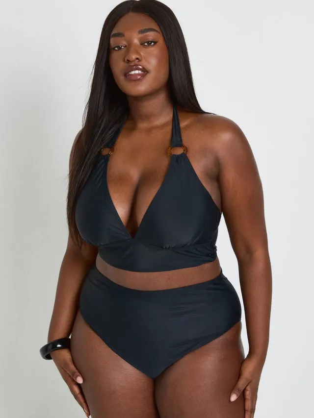 boohoo Dames Plus Size Diepe Halslijn Bikini Top Met Sierdetail & Hoge Taille Set Zwart