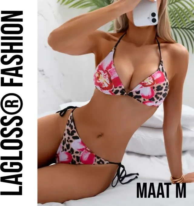 LaGloss 2-delig Dames Bikiniset – Bloemenprint & Luipaardprint – Sexy Rugstrik – Zwemkleding – Zwart