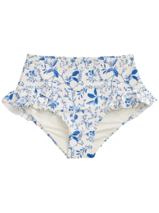 Next Dames - Bikinislip met hoge taille en ruches - Crème Cream/Blue Ditsy Floral