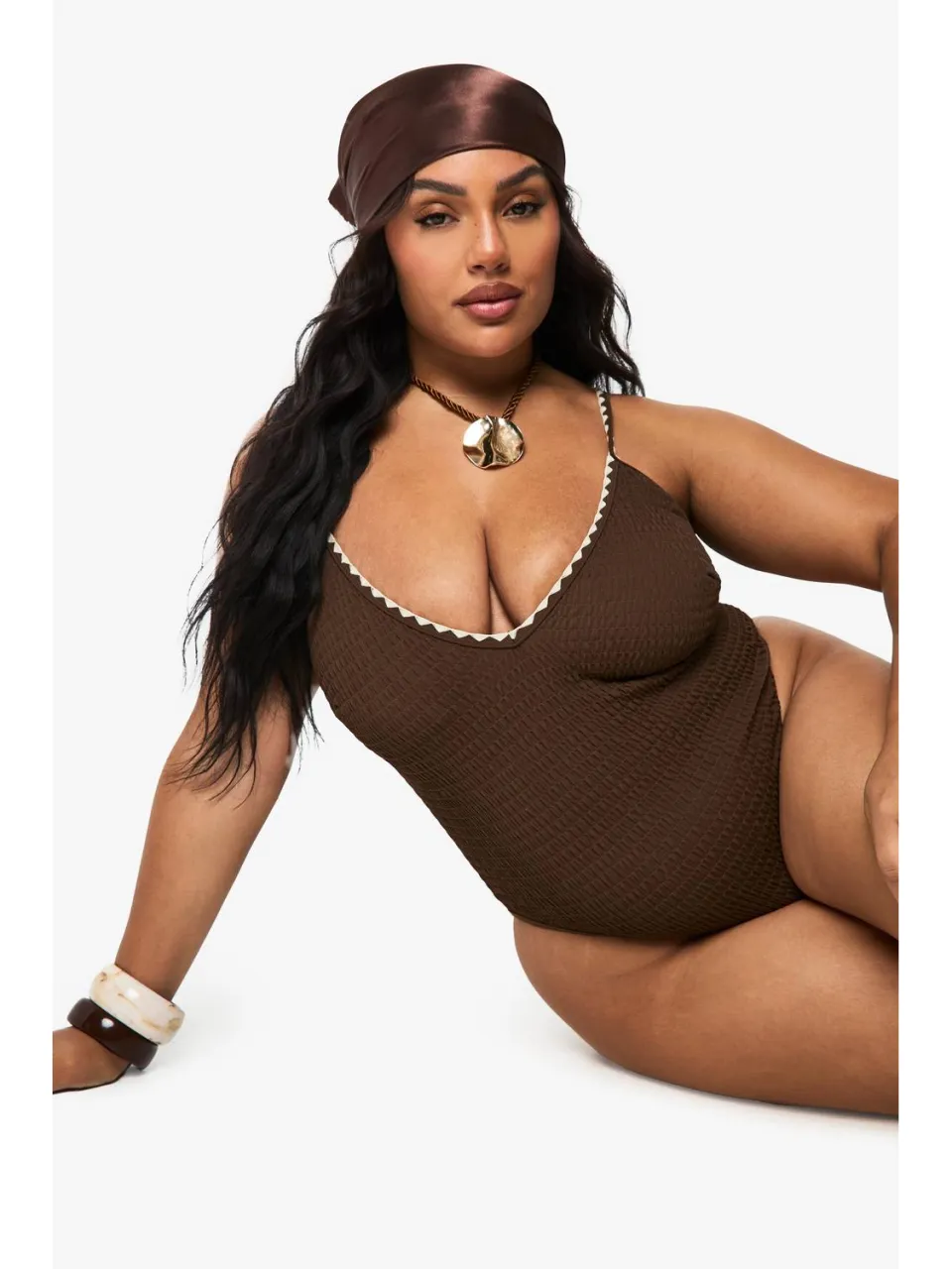 boohoo Dames PLUS CONTRAST STITCH SCOOP BADPAK Chocoladebruin