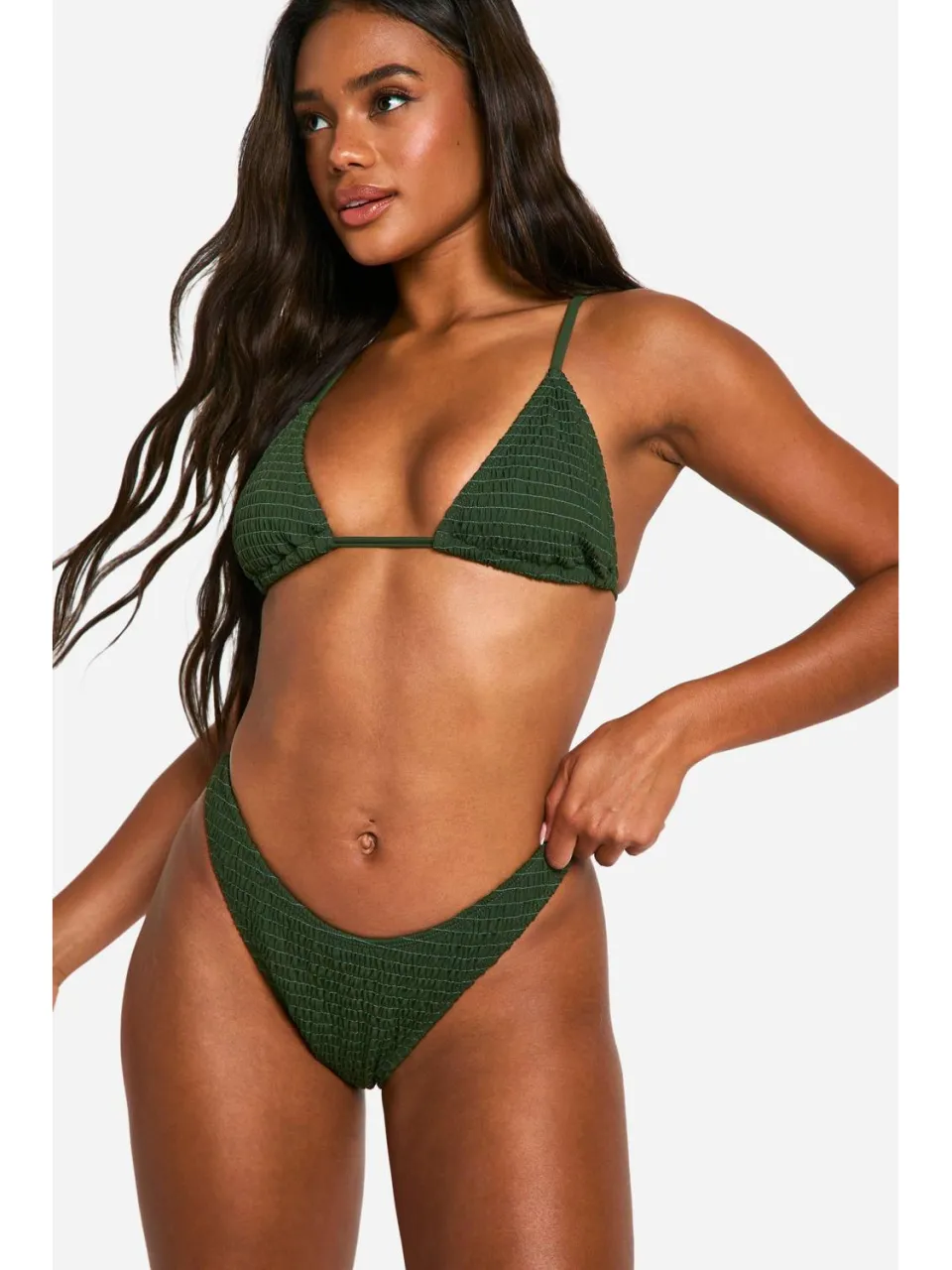 boohoo Dames Seersucker High Leg Bikini Slip Kaki