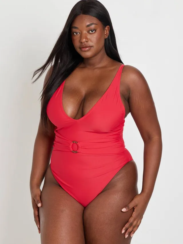 boohoo Dames Plus Buikcontrolerende O-ring Badpak Met Diepe V-hals Rood