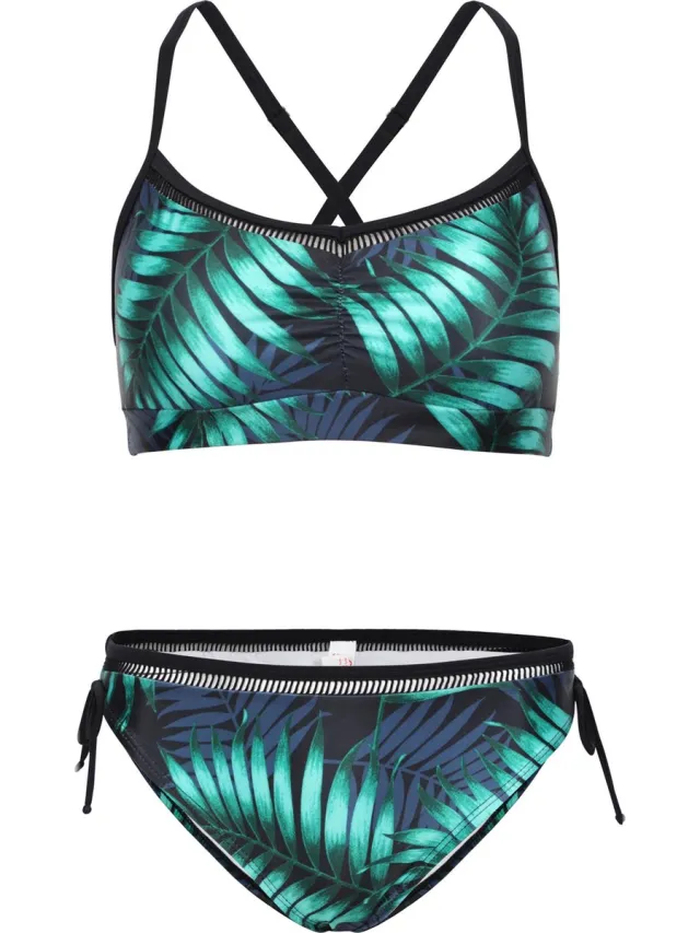 La V Bikini classic met kant detail - Tropical leaf 164-170 Navy- Groen