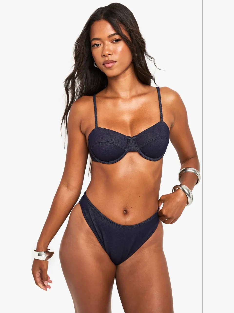 boohoo Dames Denim Look V Hoge Been Bikini Onderstukken, foto 2
