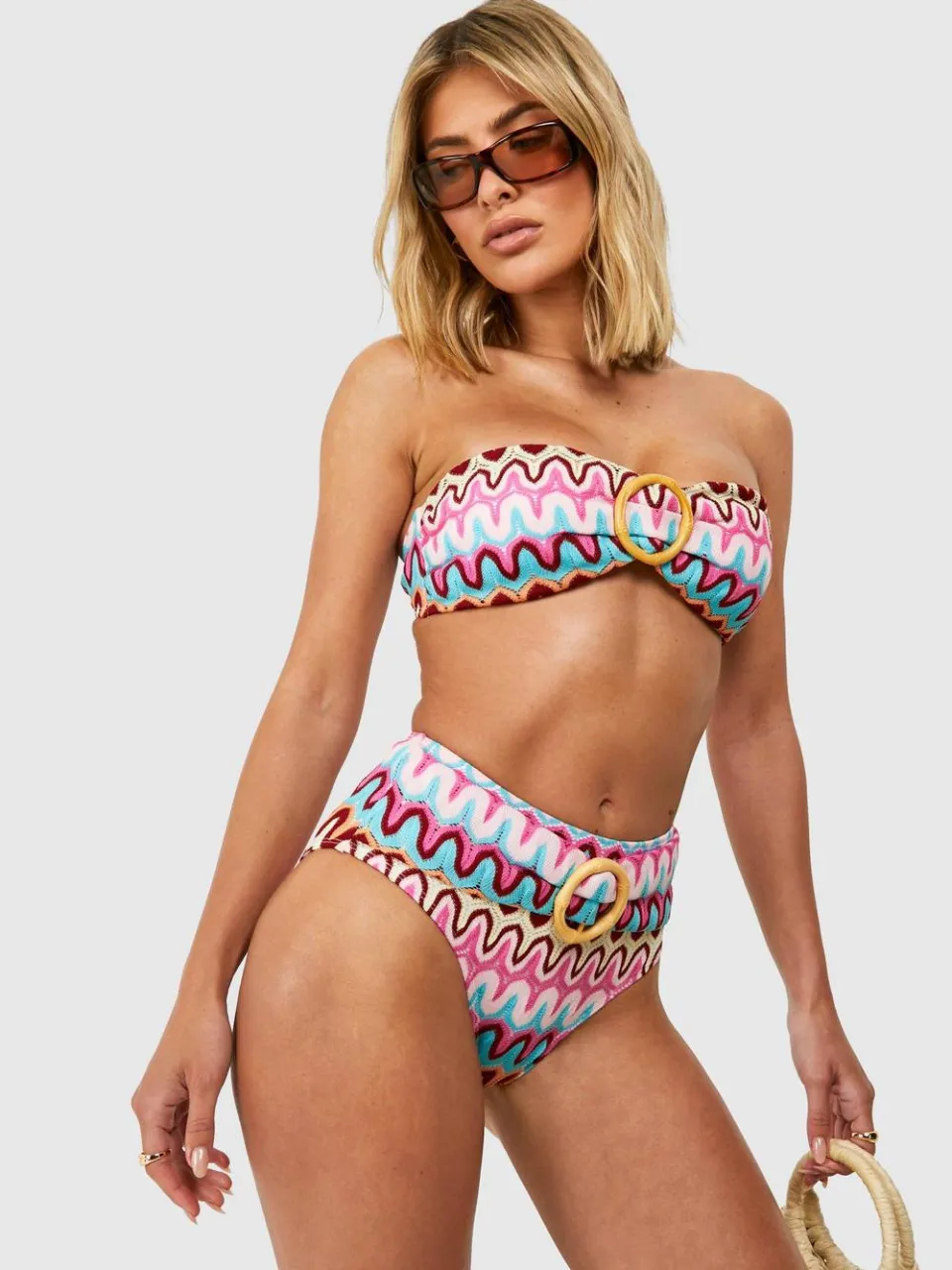 boohoo Dames Zig Zag Gebreide O-ring Bandeau Bikini Top Roze