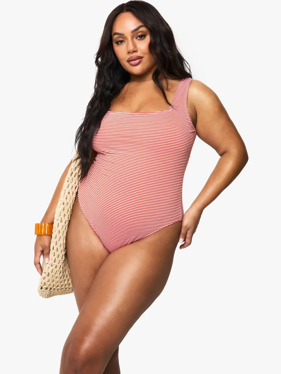 boohoo Dames Plus Seersucker Streep Scoop Neck Badpak rood, foto 3