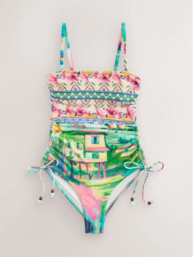 Next Dames - Vormgevend, buikcorrigerend bandeaubadpak met ruches op de pijpen - Roze Pink/Blue Scenic