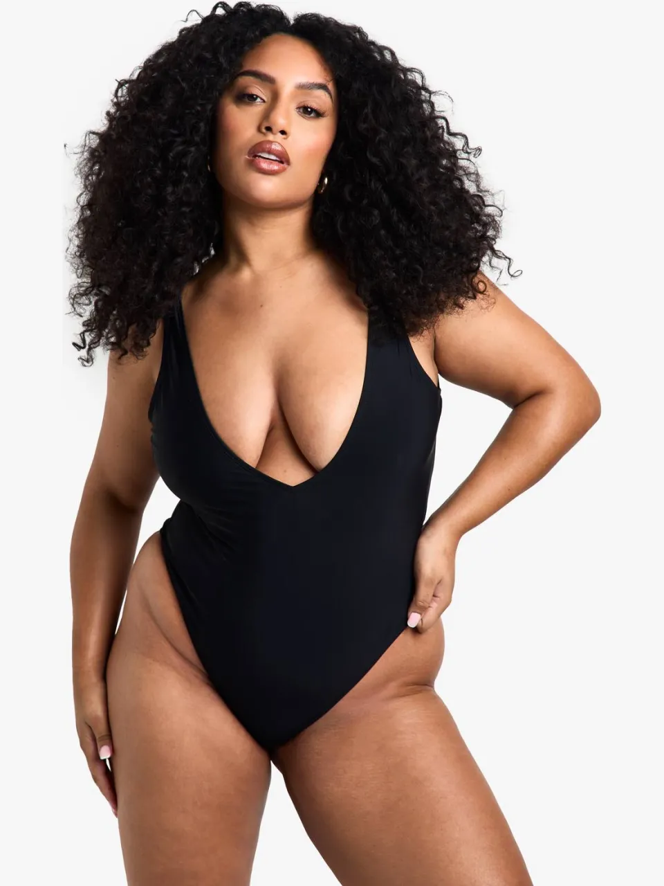 boohoo Dames Plus Swimwear Essentials Plunge Tummy Control Zwempak Zwart