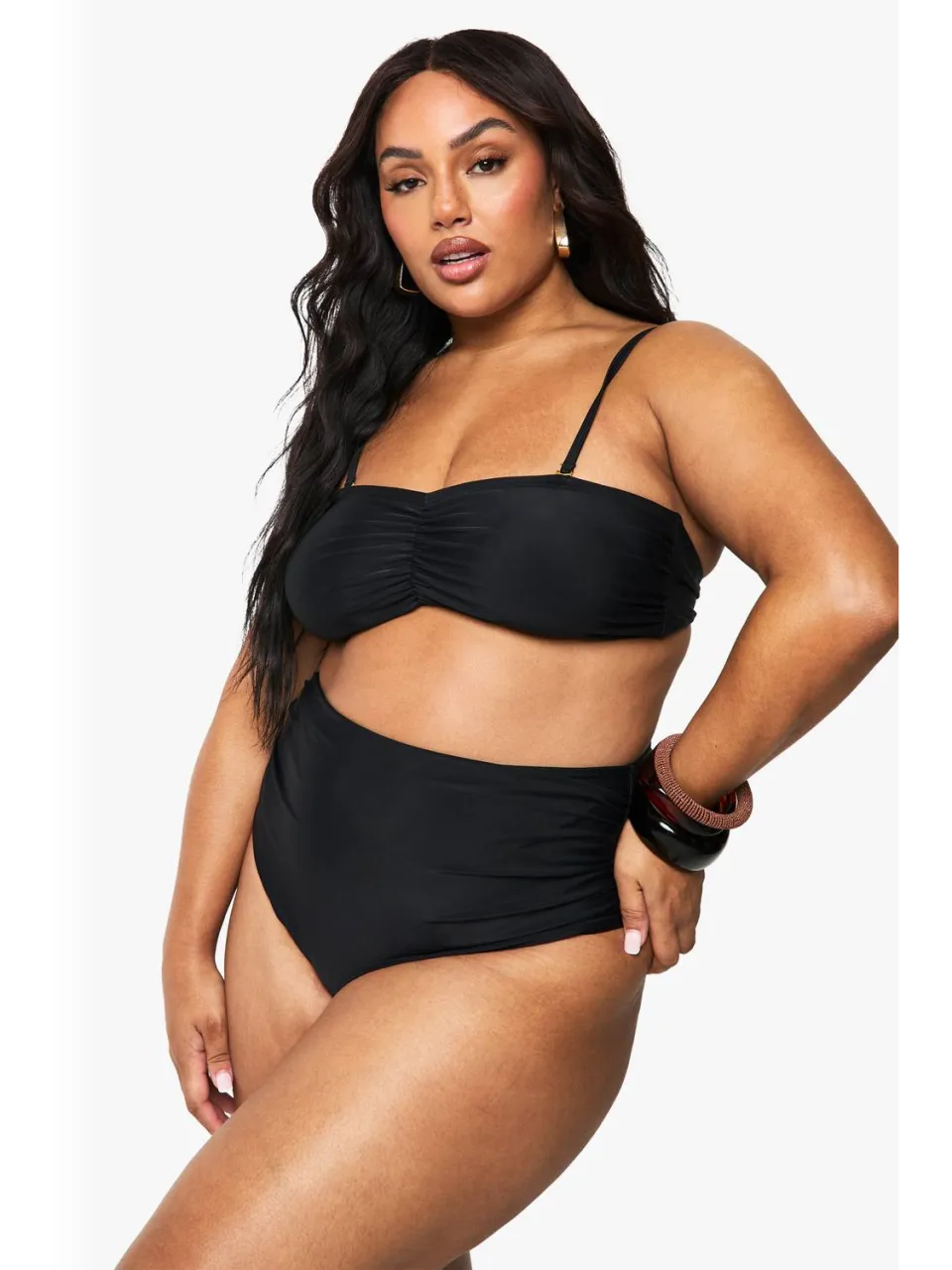 boohoo Dames Plus gerimpelde afneembare bandriem bandeau bikini top zwart, foto 4