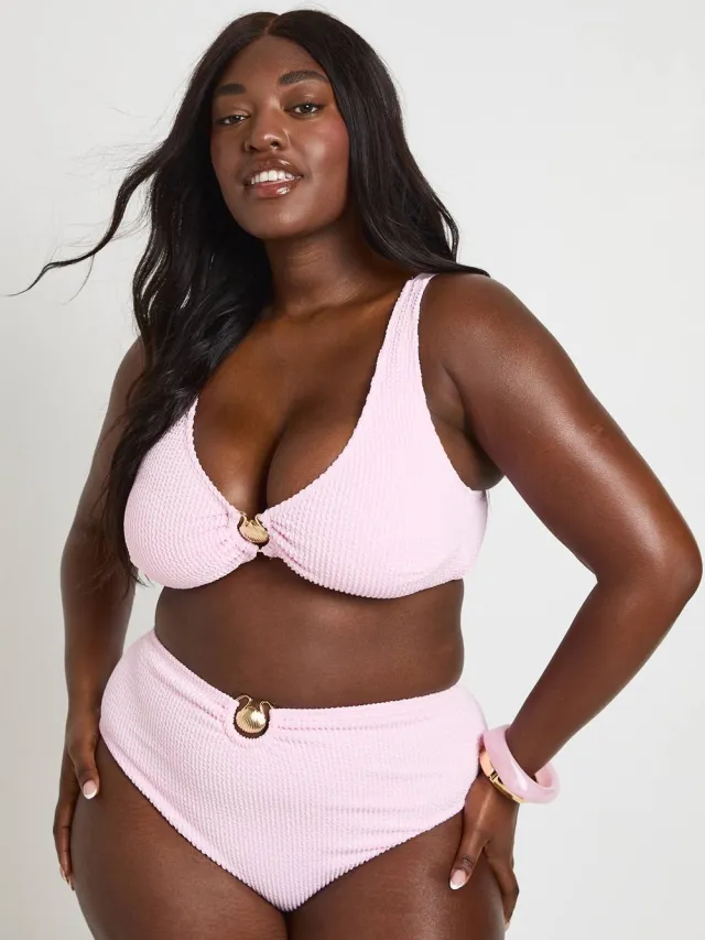 boohoo Dames Plus Crinkle Shell Trim Hoge Taille Bikinibroekje baby roze, foto 3