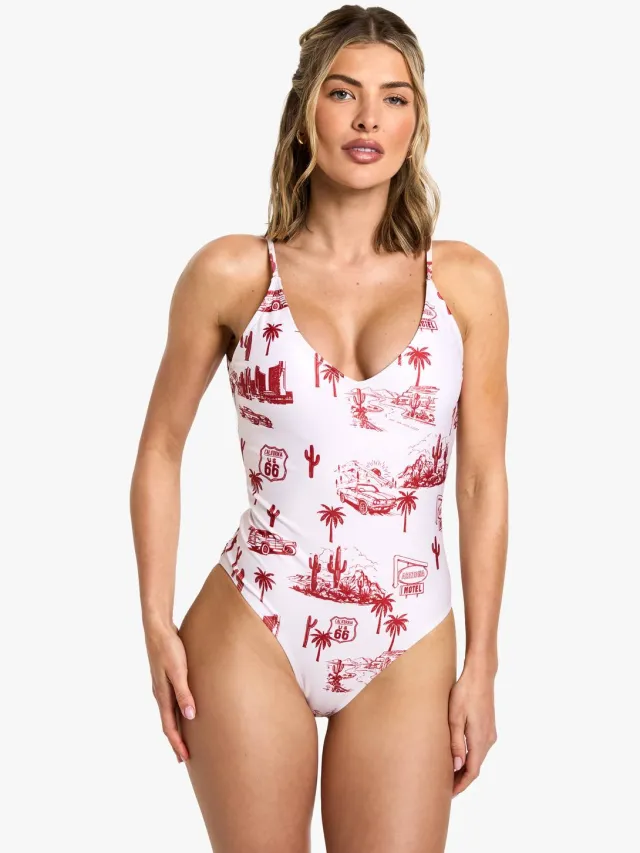 boohoo Dames Motel Print Badpak Rood