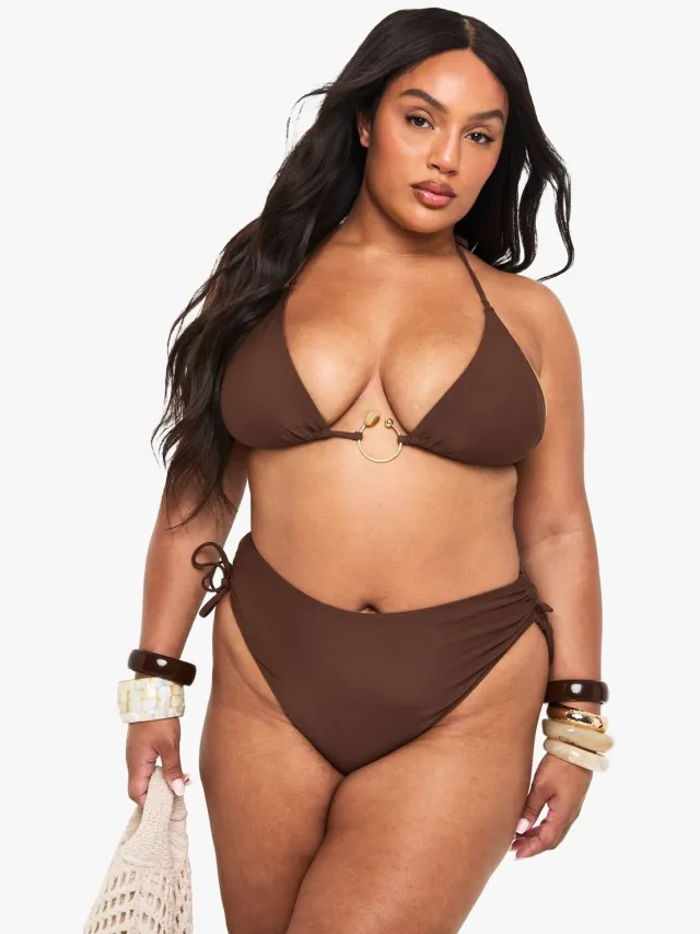 boohoo Dames Plus gerimpelde high waist bikini-bottom Chocoladebruin