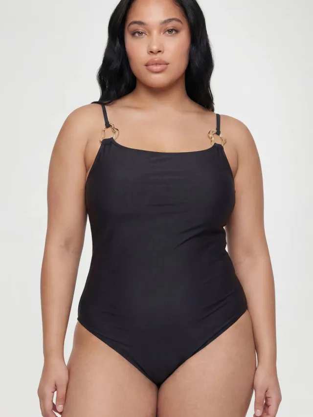 boohoo Dames Plus Badpak Met Vierkante Hals En Goudkleurige Details Zwart