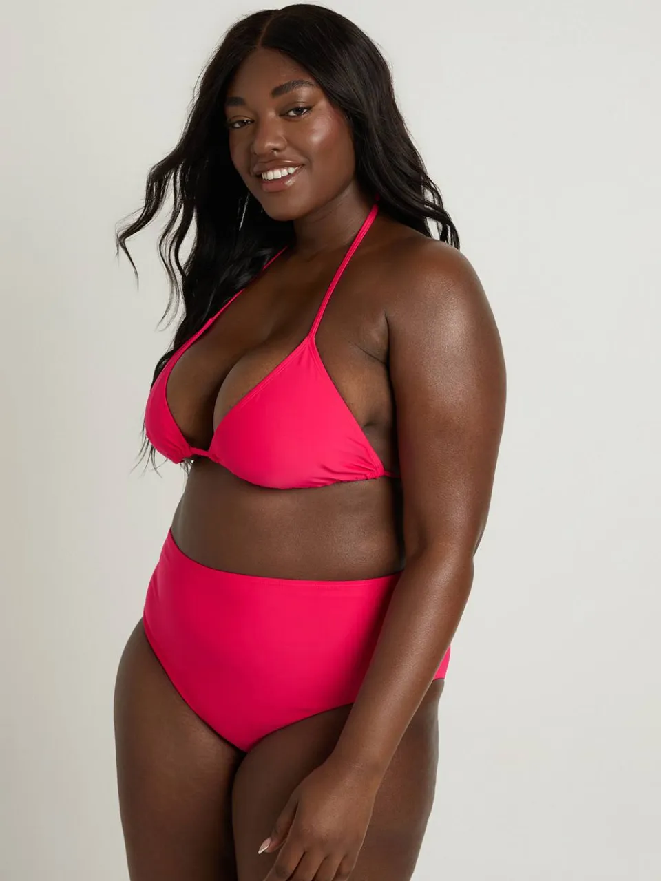 boohoo Dames Plus Size Zwemkleding Driehoek Bikini Top & Hoge Taille Bikini Set Felroze