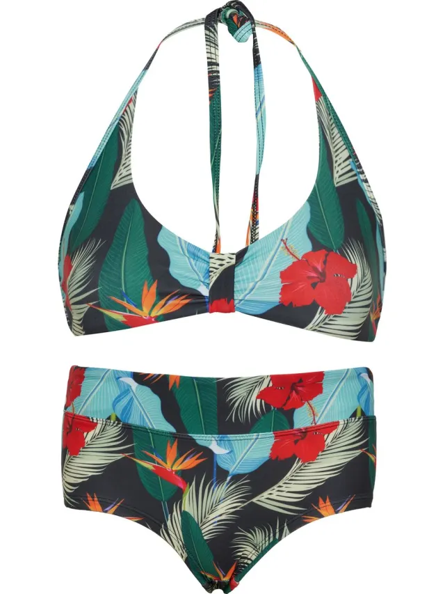 La V Bikini hipster broekje en haltertopje ibizaflower 140-146 Zwart/ rood