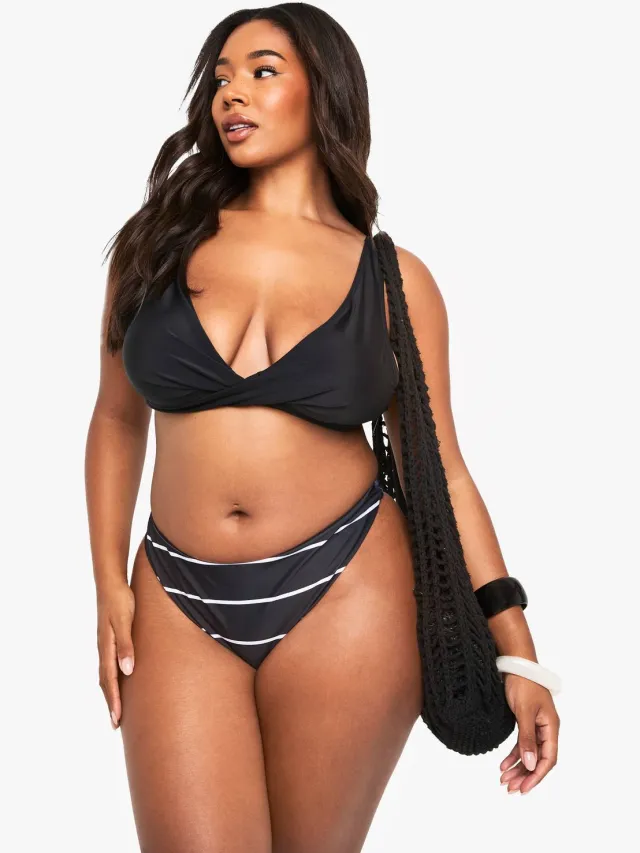 boohoo Dames Plus Zwemkleding Essentials Hoge Taille Gestreepte Slip Zwart