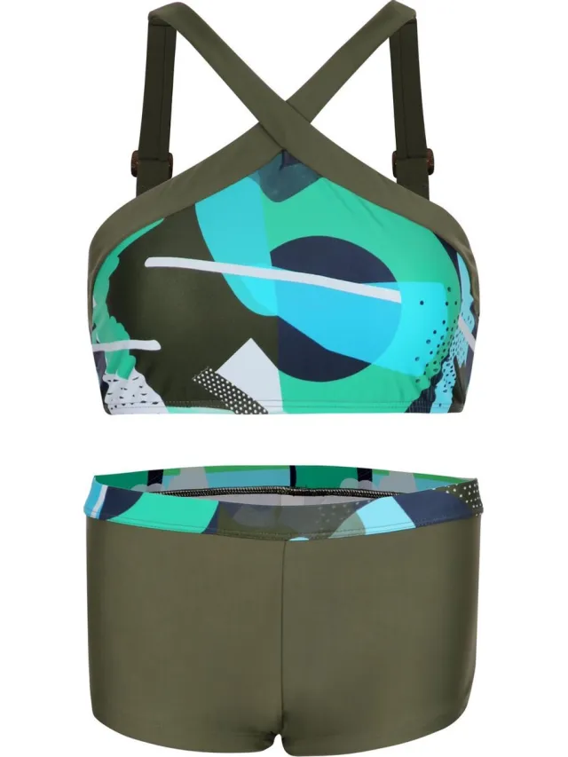 La V Bikini hipsterbroekje en croptop met brede bandje Kunst olijfgroen 140-146