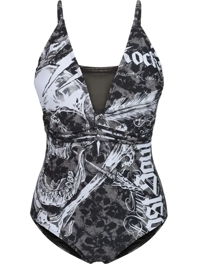 Rock Rebel by EMP olijfgroen zwempak met doodshoofdpatroon en decoratieve linten - Dames