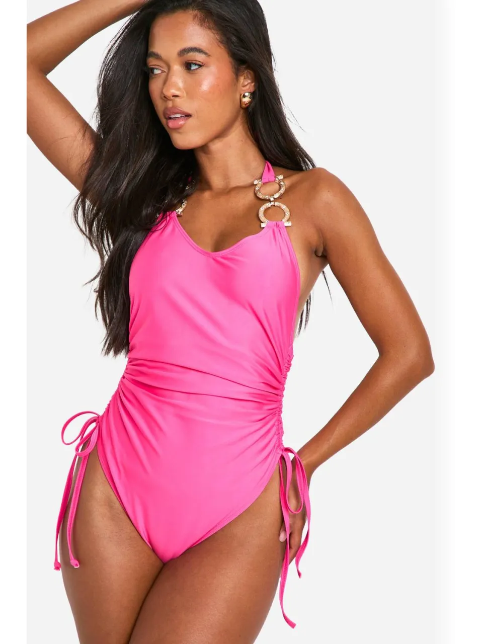 boohoo Dames Diamante Gold Trim Geruicht Badpak Roze