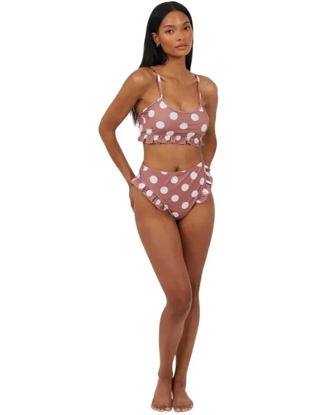 Brave Soul Dames/Dames Polka Dot Hoge Taille Tweedelig Badpak (Bruin/wit) Cognac