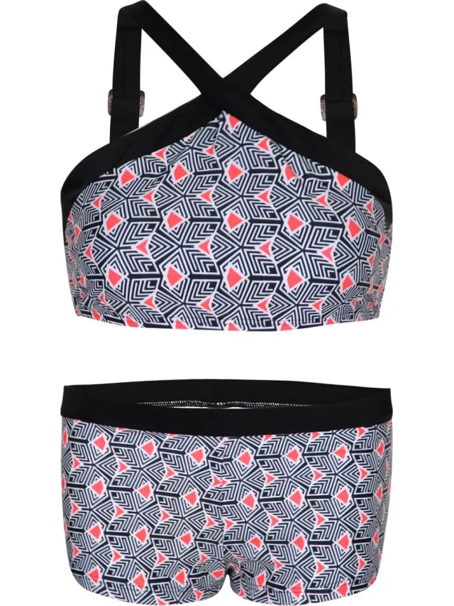 La V Bikini hipsterbroekje en croptop met brede bandje Kunst Cube pattern 140-146 Cube Zwart