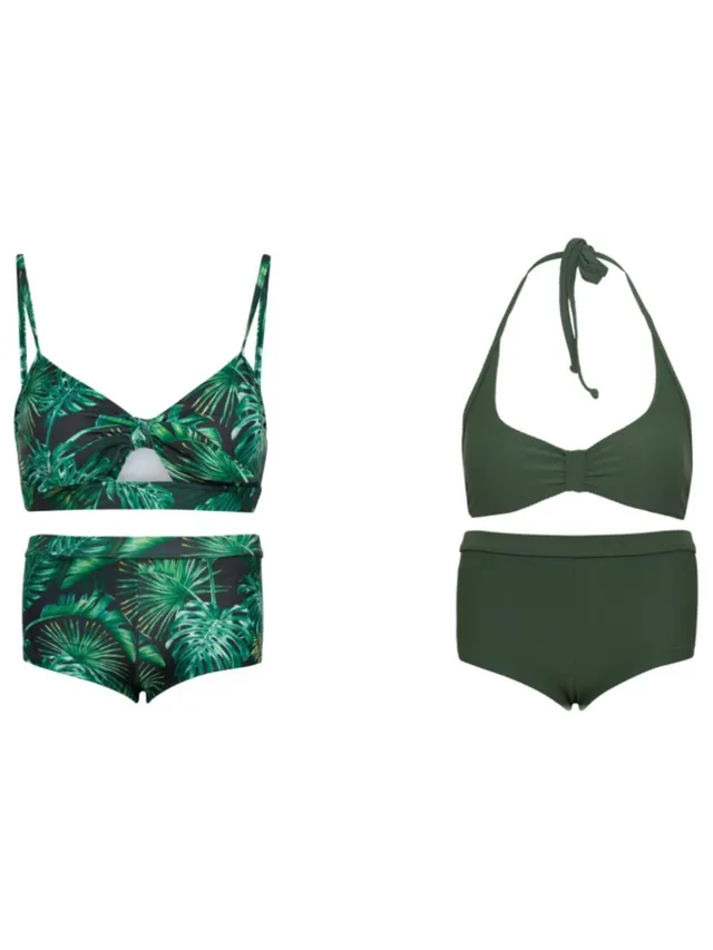 La V Set van 2 bikini hipster broekje en top - Groen leaf/ effen groen 152-158 Groen bladeren / effen groen