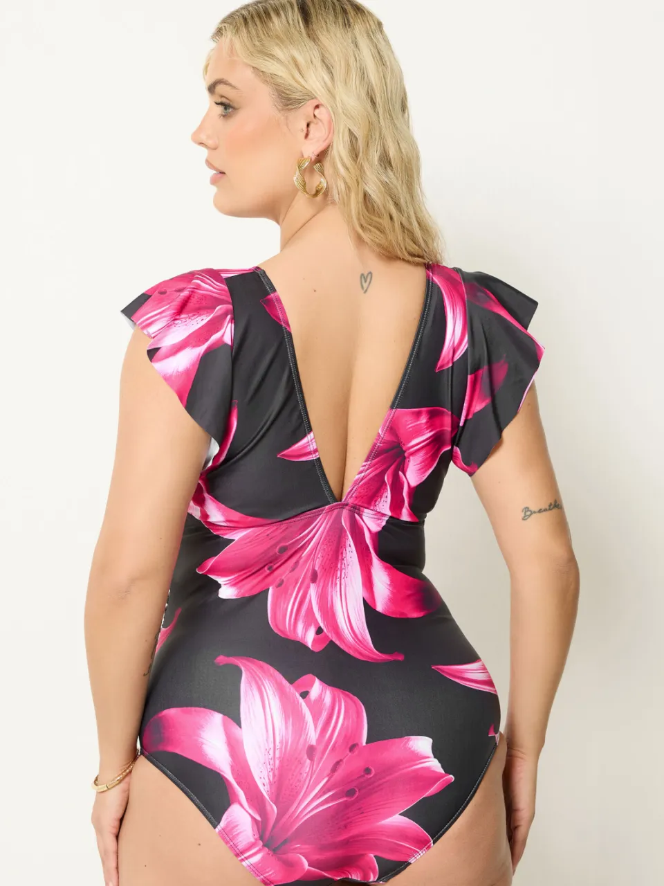 Yours Zwart Badpak Met Bloemenprint En Ruchesmouwen, foto 4